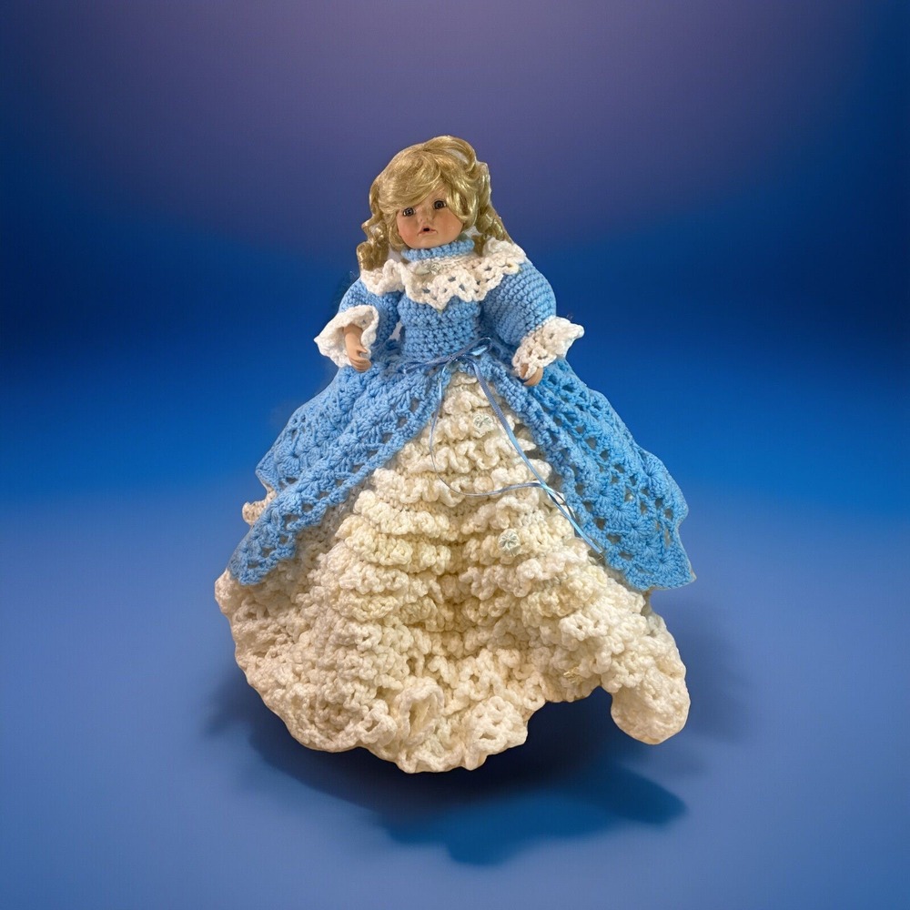 Crochet Layer Dress Porcelain 17" Doll Blue and White Blonde Hair Vintage